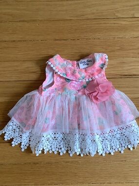 Little Lass Pink Floral Lace Trim Party Dress with Bow